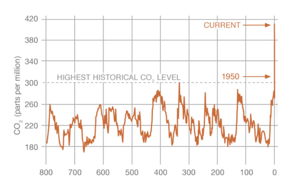Graph showing the increase of CO2 in the atmosphere.